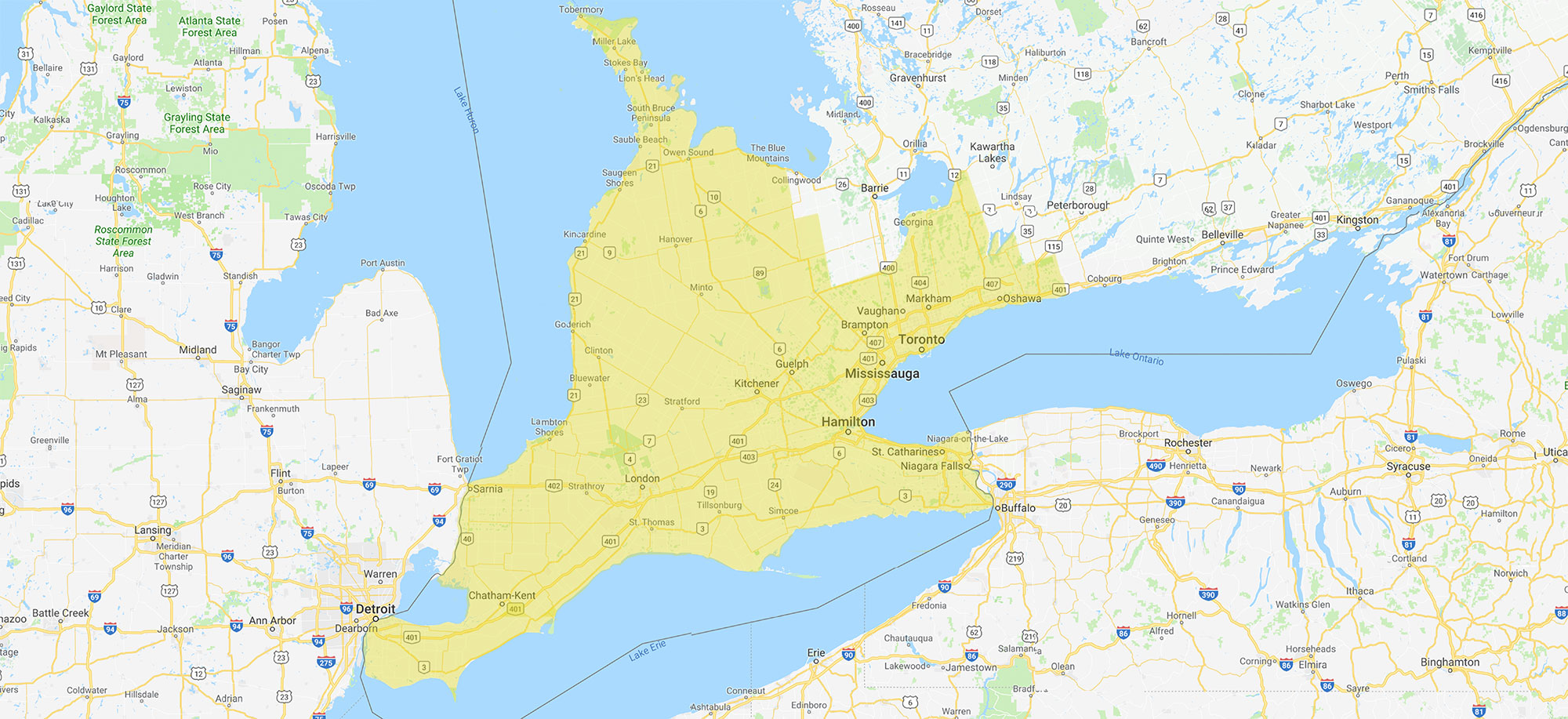 Map of Southwestern Ontario showing Badder Bus Pick Up Area